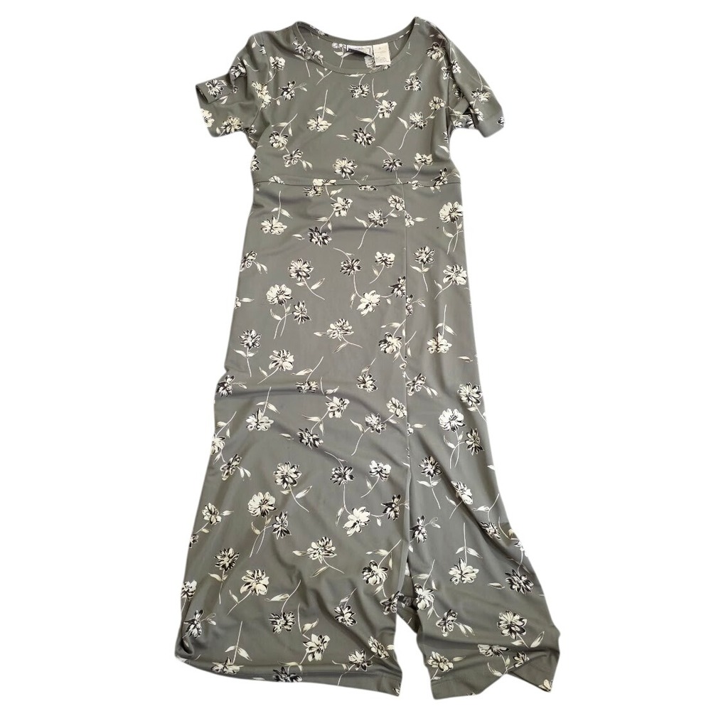 Erika Studio Floral Maxi Dress Sage Green Short Sleeve Empire Waist Front Slit S